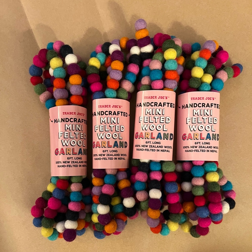 Mini felted wool garland.  4 strands - each 6-ft long, handcrafted, multicolor.